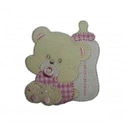 Iron-on Patch - Teddy Bear with Pacifier and Feeding Bottle - Pink